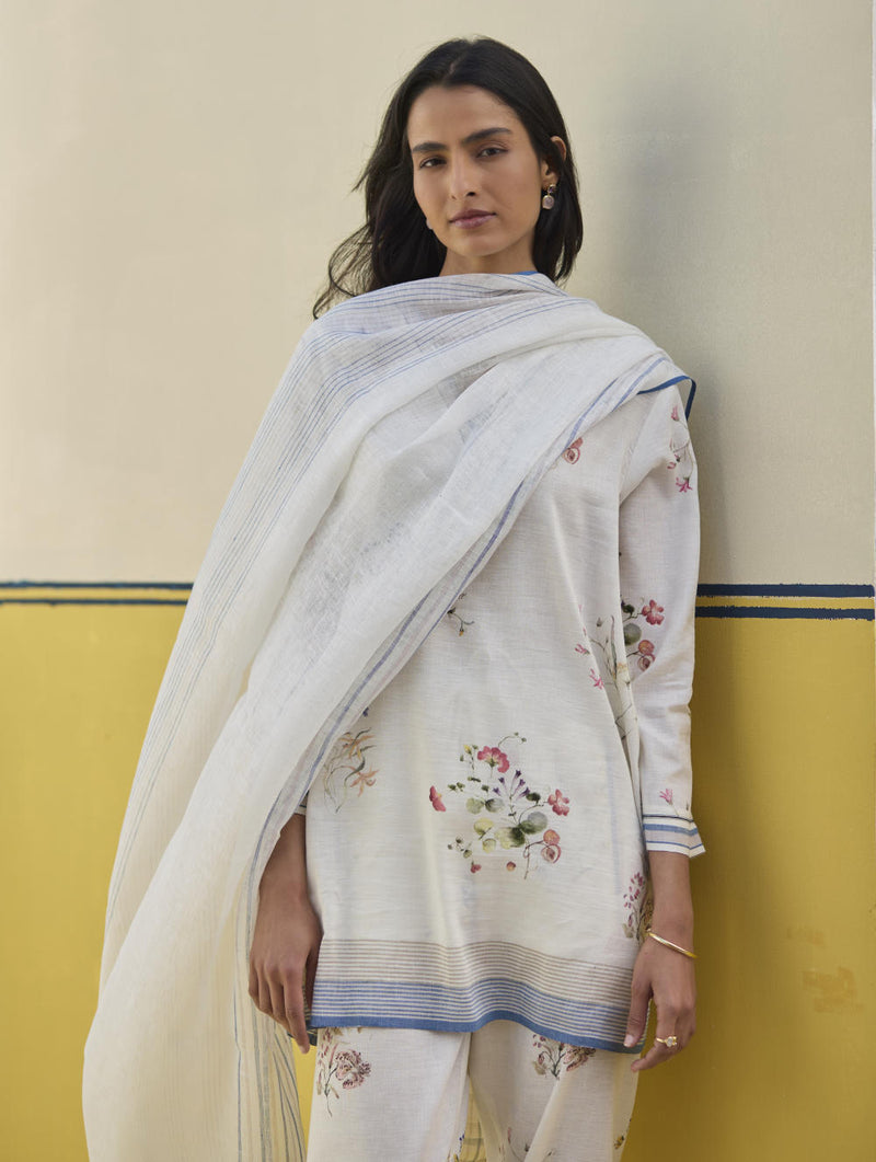 Mana Stripe Handloom Linen Dupatta - Ivory linen by Manan in ivory color for women in Singapore