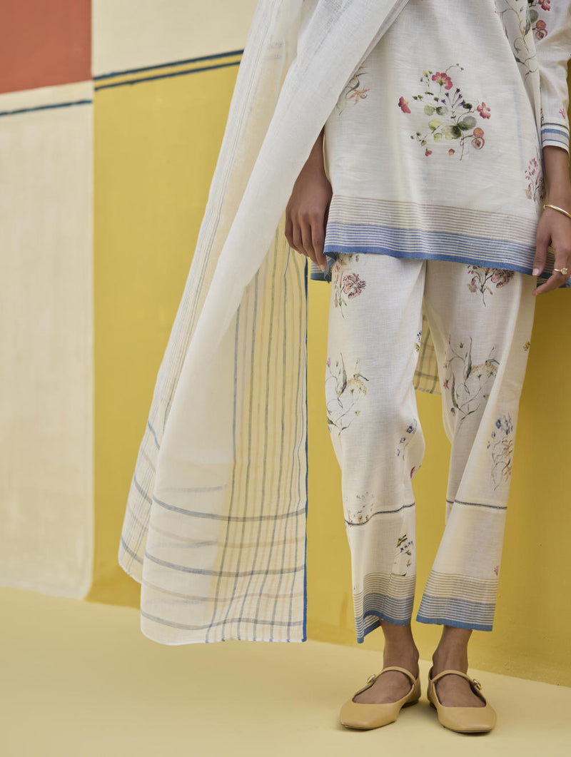 Mana Stripe Handloom Linen Dupatta - Ivory linen by Manan in ivory color for women in Singapore