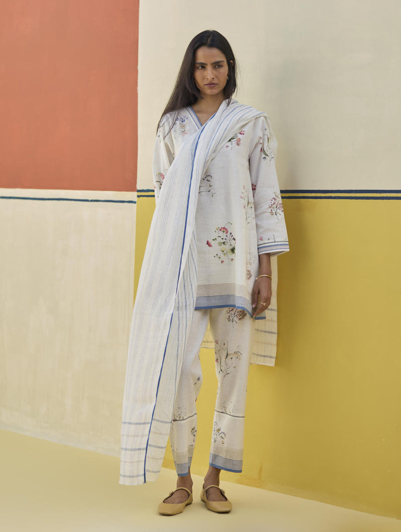 Mana Stripe Handloom Linen Dupatta - Ivory linen by Manan in ivory color for women in Singapore