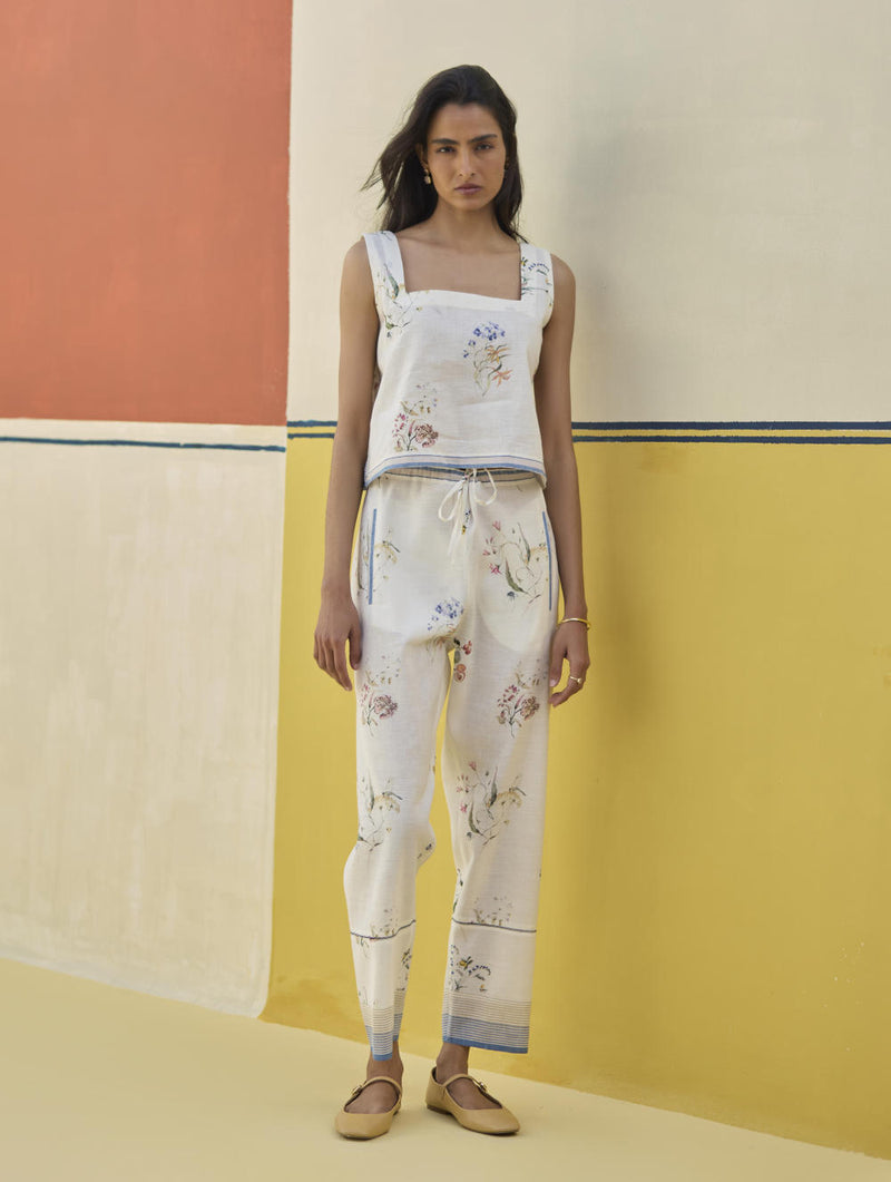 Ema Watercolour Floral Linen Pant - Ivory linen by Manan in ivory color for women in Singapore