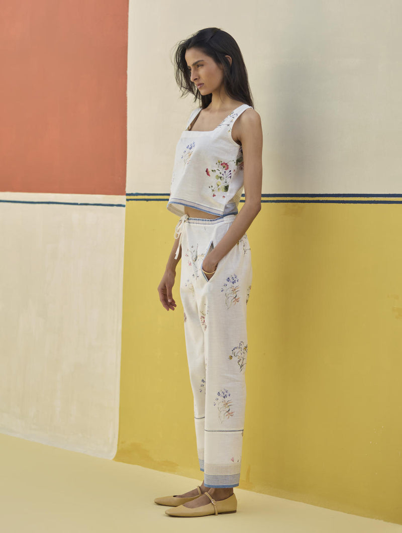 Ema Watercolour Floral Linen Pant - Ivory linen by Manan in ivory color for women in Singapore