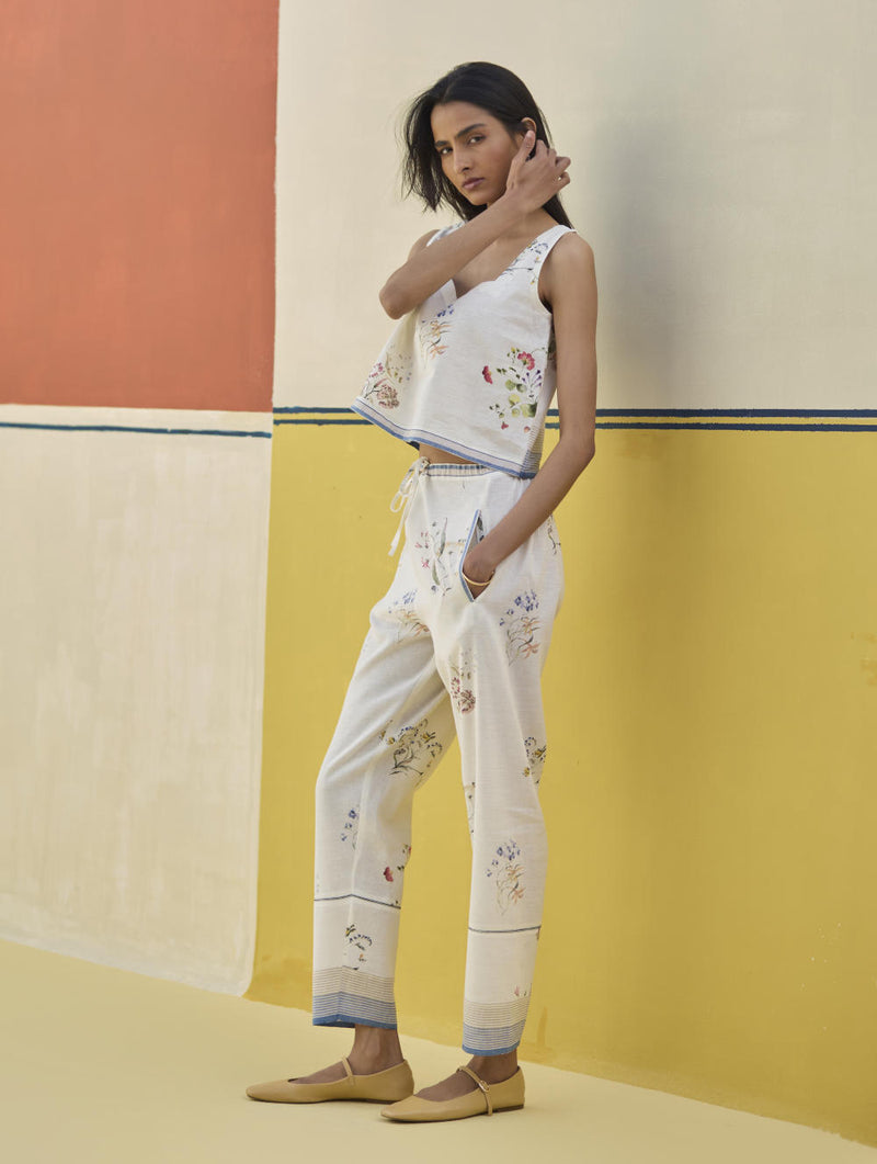 Ema Watercolour Floral Linen Pant - Ivory linen by Manan in ivory color for women in Singapore