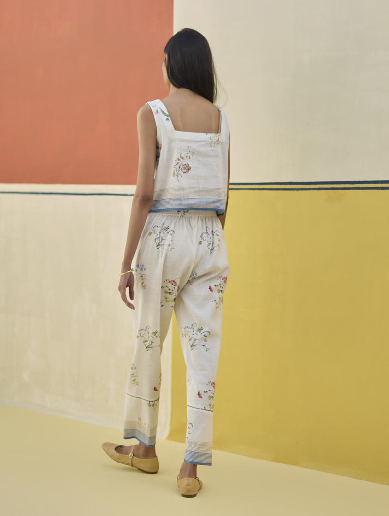 Ema Watercolour Floral Linen Pant - Ivory linen by Manan in ivory color for women in Singapore