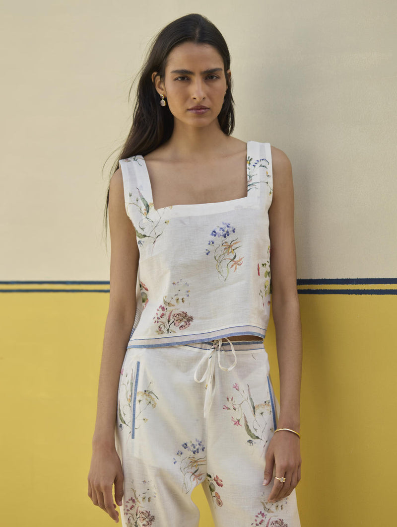 Ayaka Watercolor Floral Crop Top 
- Ivory linen by Manan in ivory color for women in Singapore