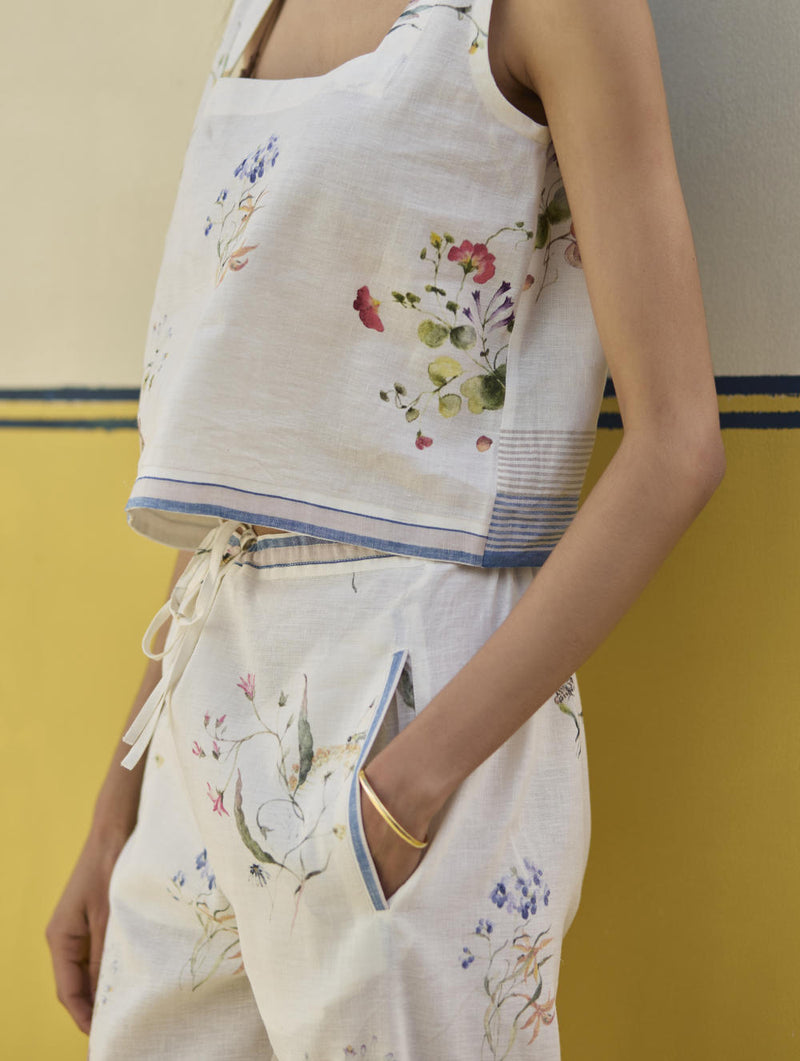 Ayaka Watercolor Floral Crop Top 
- Ivory linen by Manan in ivory color for women in Singapore