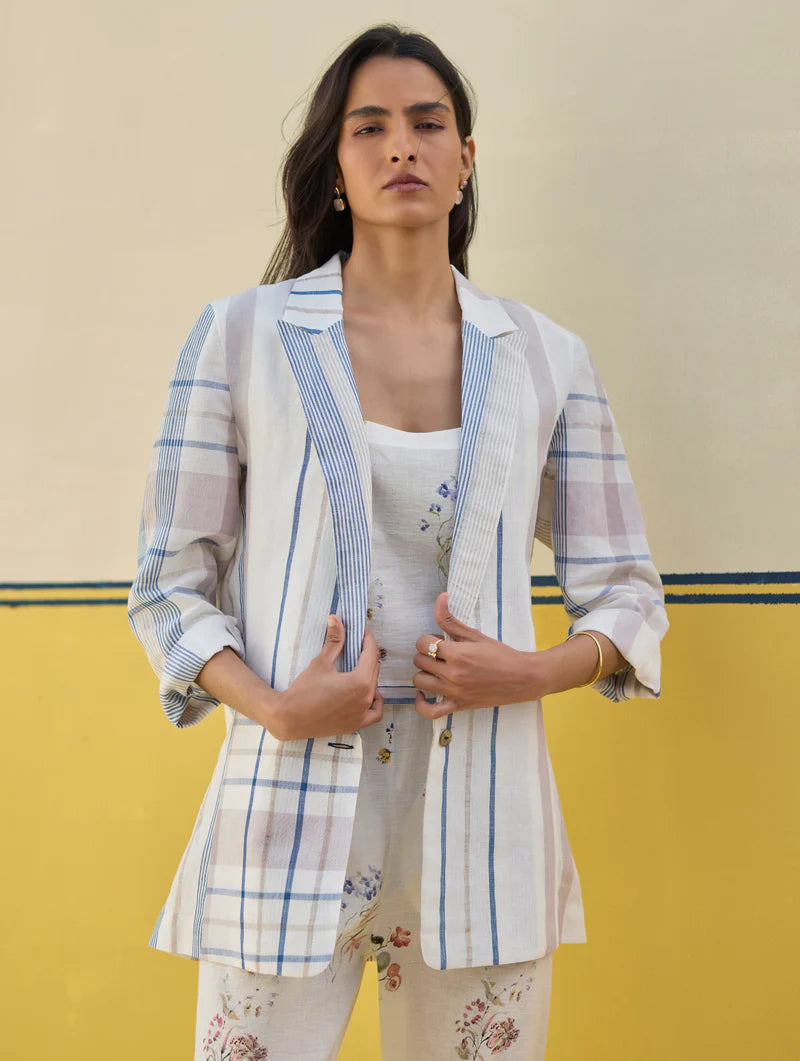 Talia Check Linen Co-ord Set
-Ivory linen by Manan in ivory color for women in Singapore