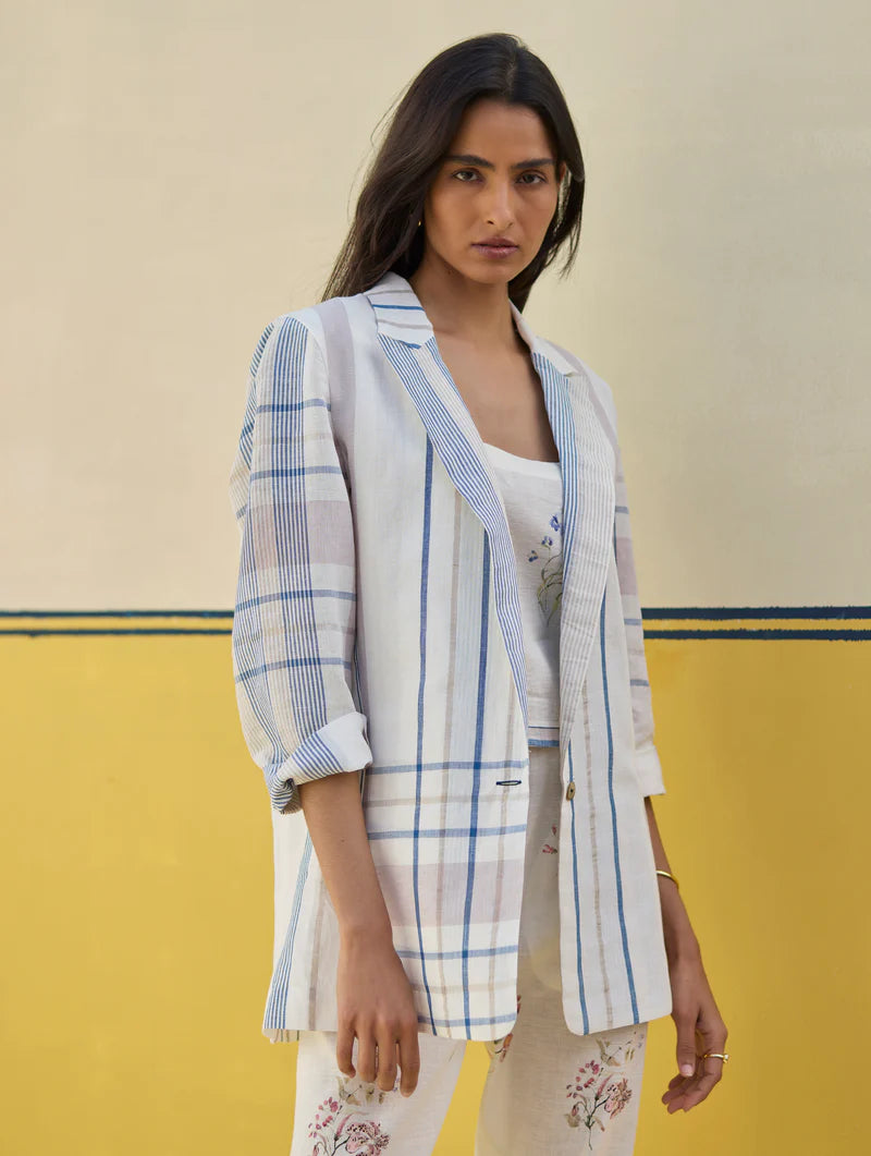 Talia Check Linen Co-ord Set
-Ivory linen by Manan in ivory color for women in Singapore