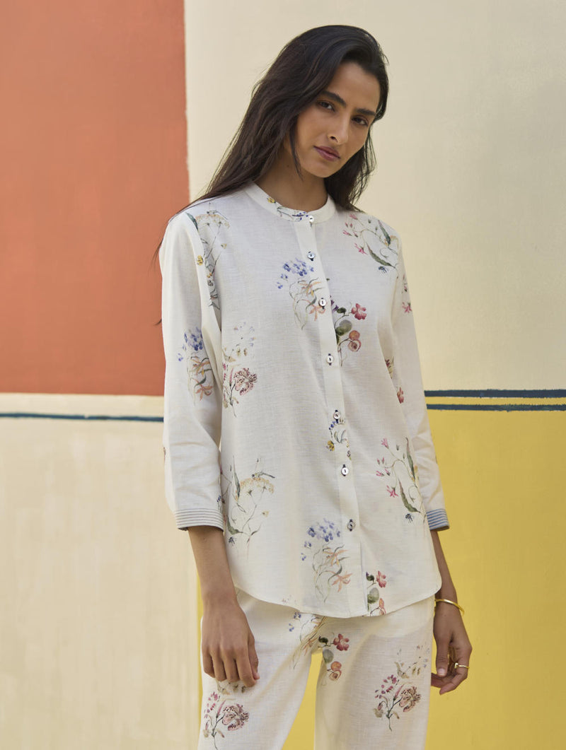 Vani Watercolour Floral Shirt - Ivory linen by Manan in ivory color for women in Singapore