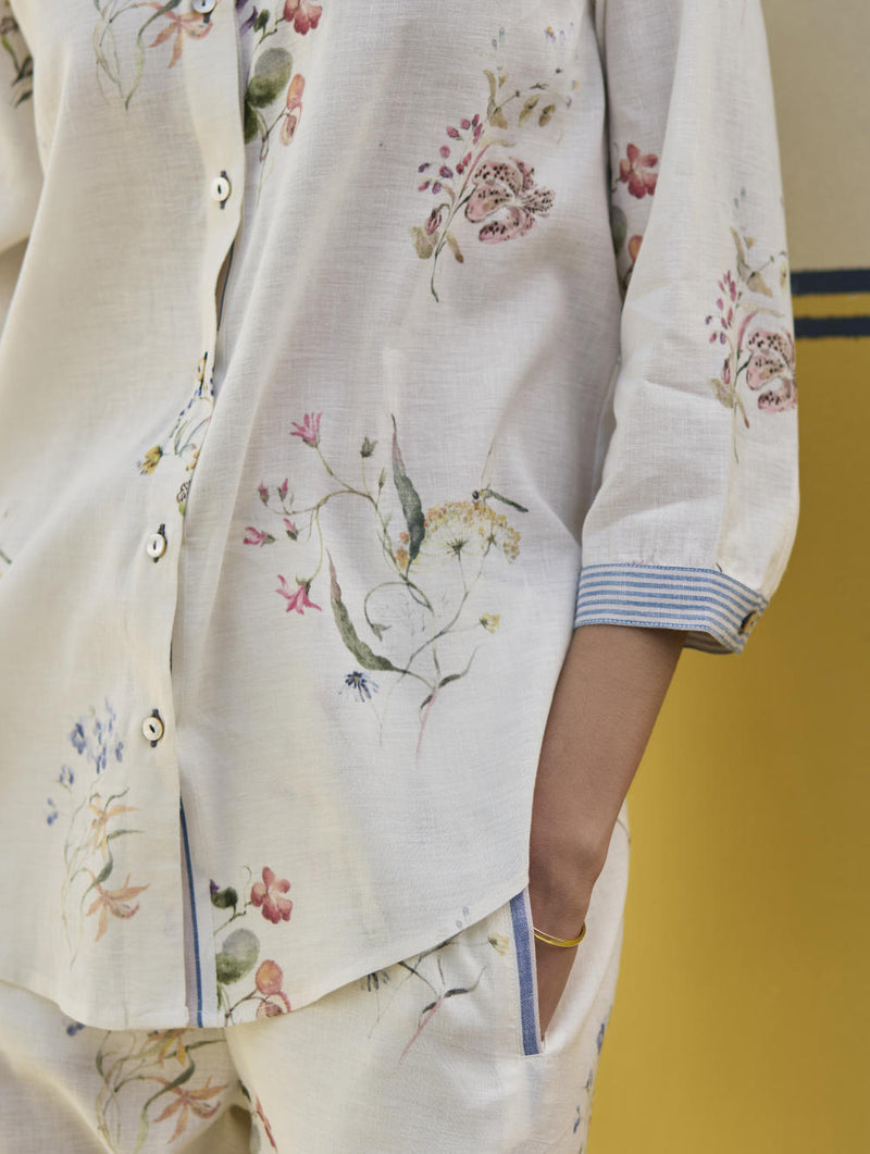 Vani Watercolour Floral Shirt - Ivory linen by Manan in ivory color for women in Singapore