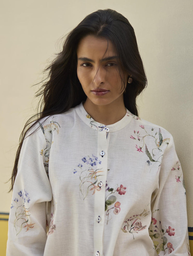 Vani Watercolour Floral Shirt - Ivory linen by Manan in ivory color for women in Singapore