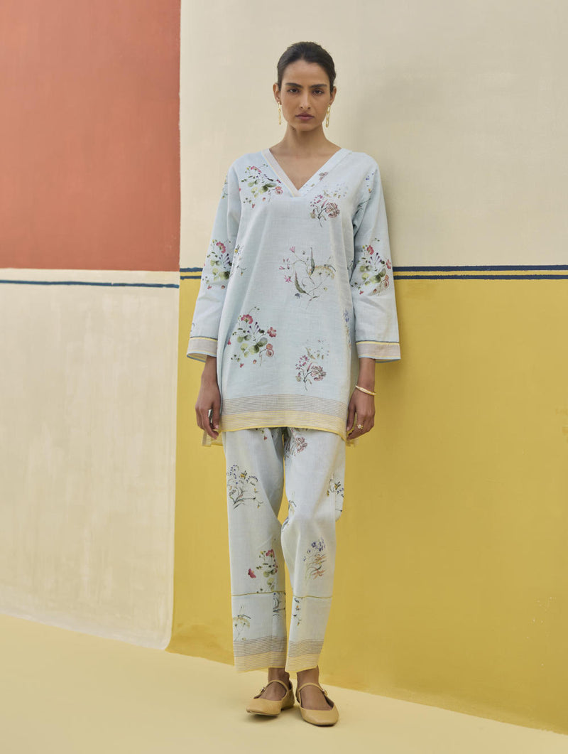 Raha Watercolour Floral Kurta - Sky linen by Manan in blue color for women in Singapore