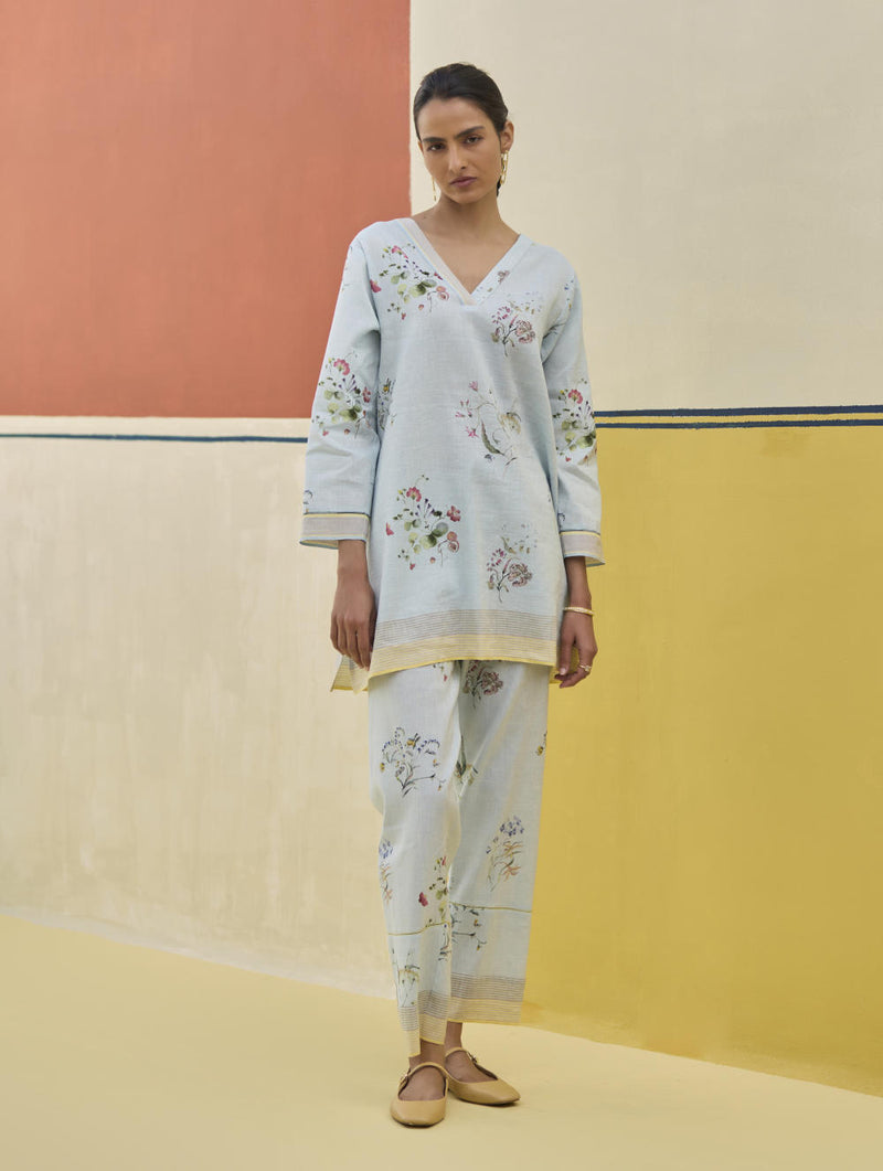 Raha Watercolour Floral Kurta - Sky linen by Manan in blue color for women in Singapore