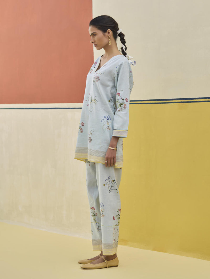 Raha Watercolour Floral Kurta - Sky linen by Manan in blue color for women in Singapore