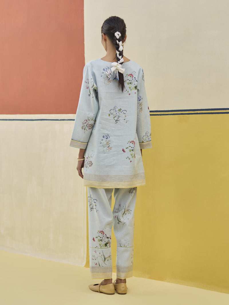 Raha Watercolour Floral Kurta - Sky linen by Manan in blue color for women in Singapore