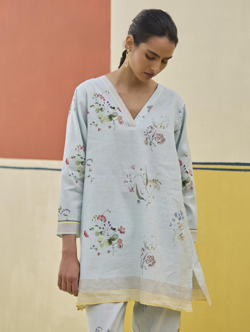 Raha Watercolour Floral Kurta - Sky linen by Manan in blue color for women in Singapore