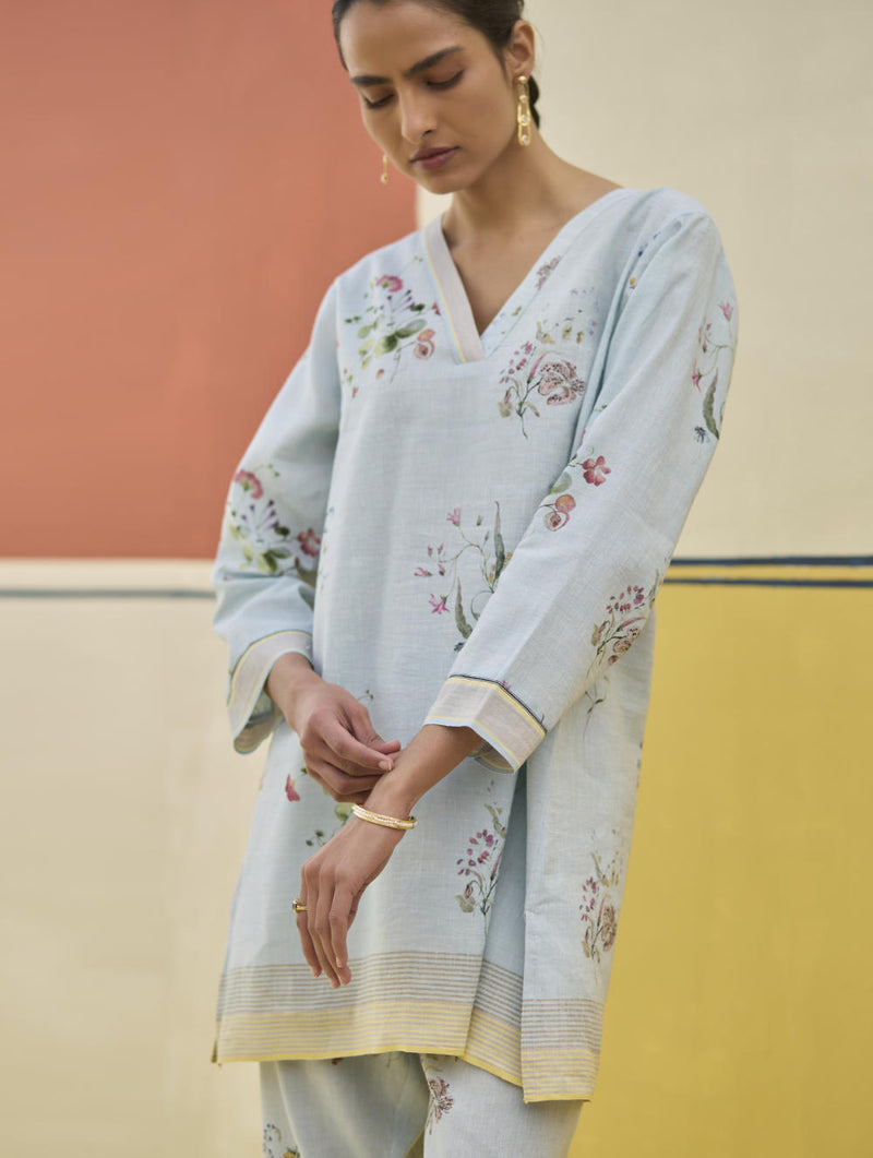 Raha Watercolour Floral Kurta - Sky linen by Manan in blue color for women in Singapore