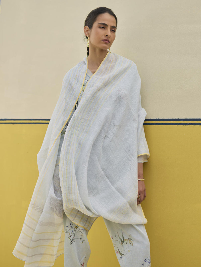 Mana Stripe Handloom Linen Dupatta - Sky linen by Manan in blue color for women in Singapore