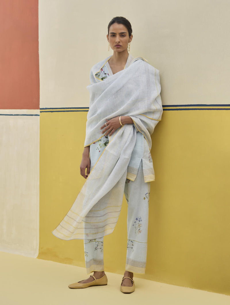 Mana Stripe Handloom Linen Dupatta - Sky linen by Manan in blue color for women in Singapore