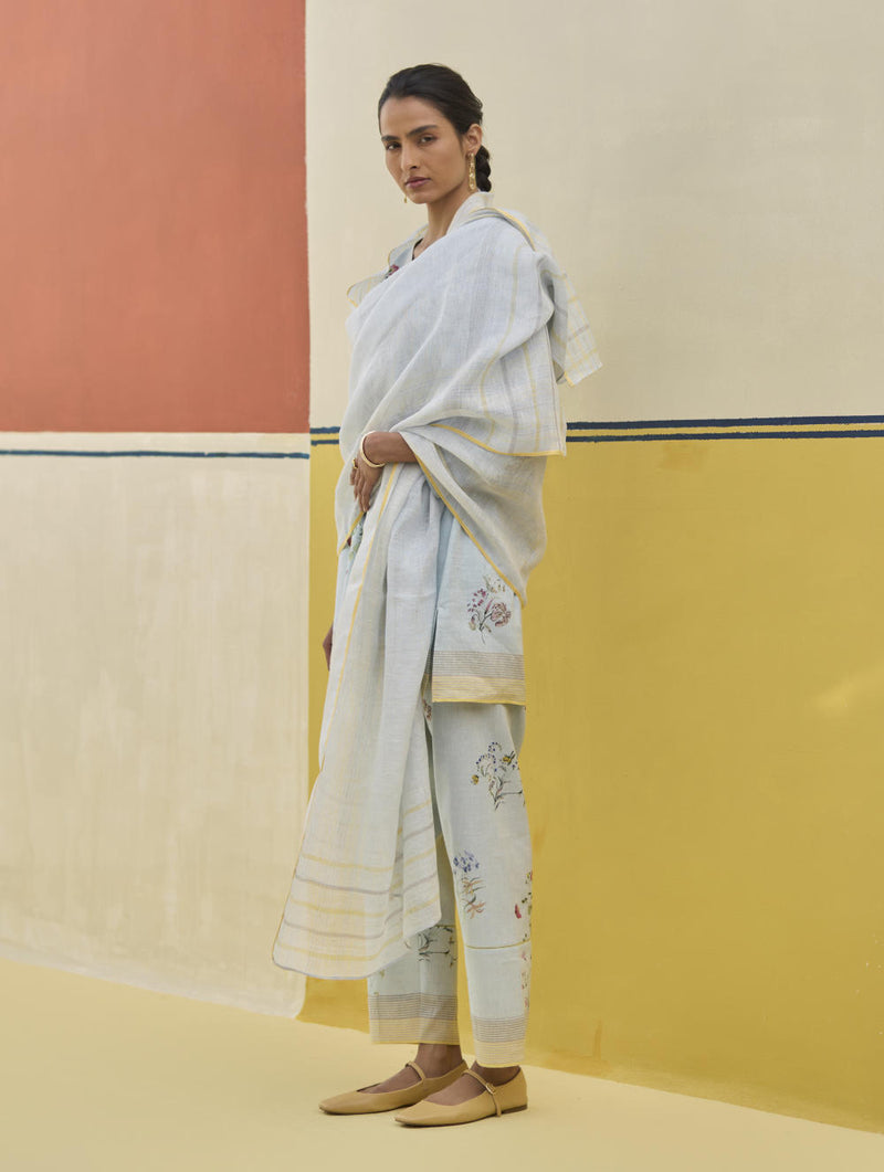 Mana Stripe Handloom Linen Dupatta - Sky linen by Manan in blue color for women in Singapore