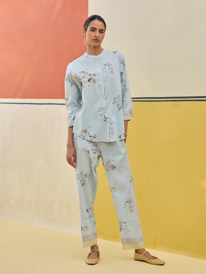 Vani Watercolour Floral Co-ord Set
-Sky linen by Manan in blue color for women in Singapore