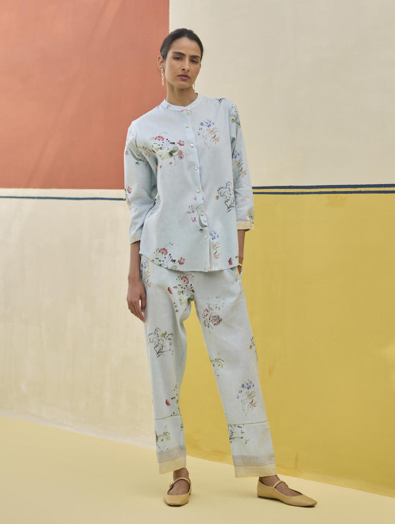 Vani Watercolour Floral Shirt - Sky linen by Manan in blue color for women in Singapore