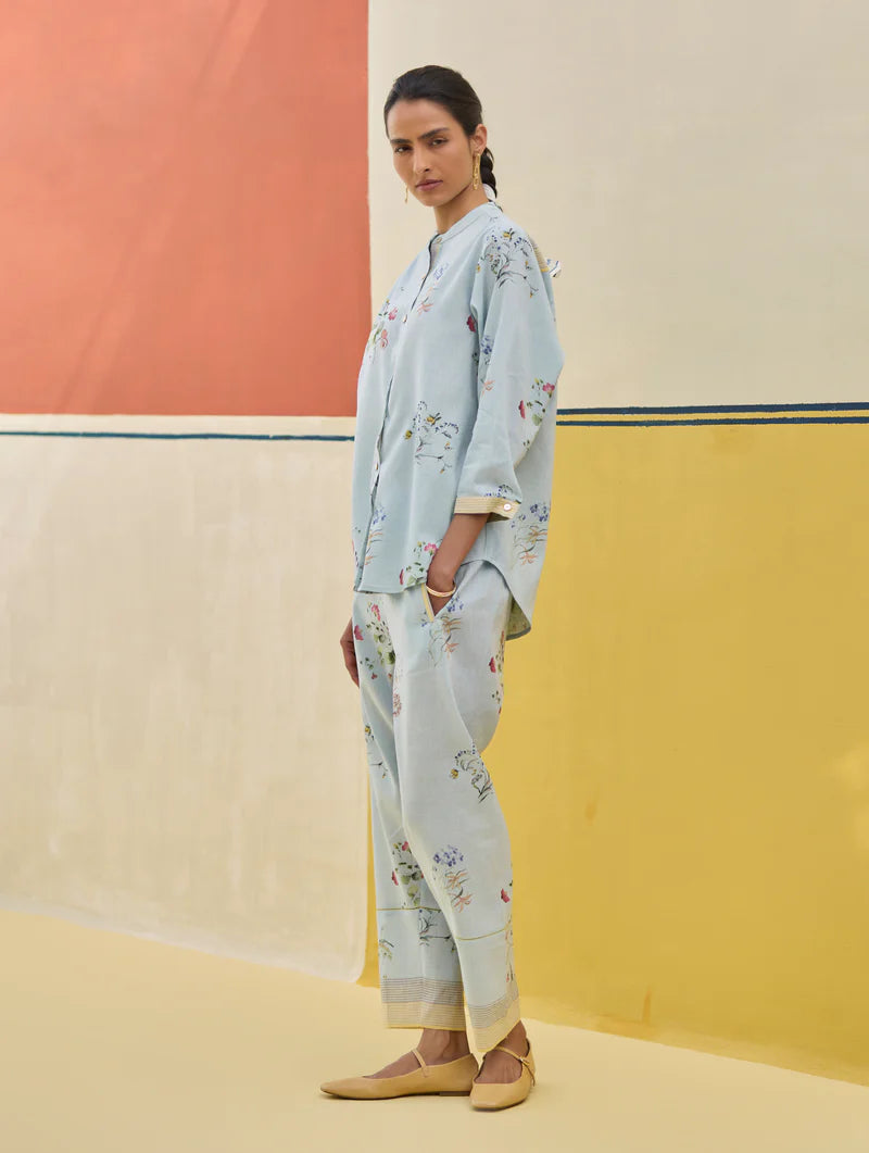 Vani Watercolour Floral Co-ord Set
-Sky linen by Manan in blue color for women in Singapore