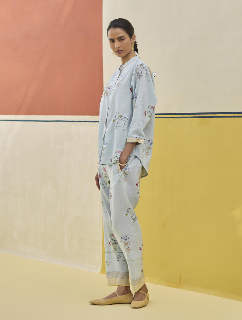 Vani Watercolour Floral Shirt - Sky linen by Manan in blue color for women in Singapore