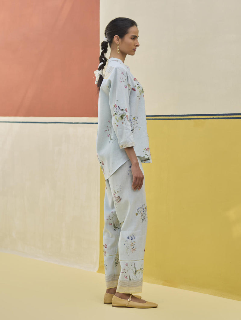 Vani Watercolour Floral Shirt - Sky linen by Manan in blue color for women in Singapore