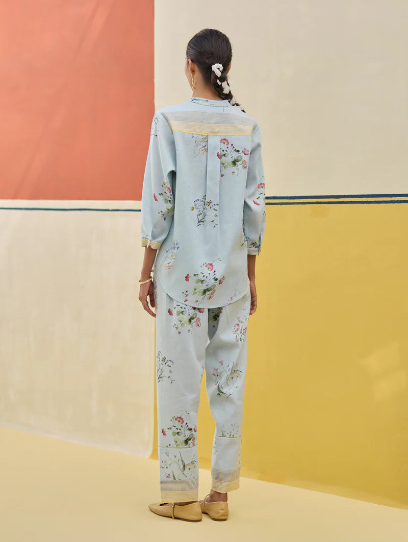 Vani Watercolour Floral Co-ord Set
-Sky linen by Manan in blue color for women in Singapore