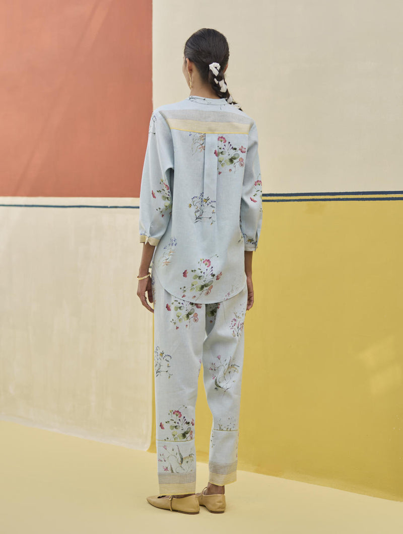 Vani Watercolour Floral Shirt - Sky linen by Manan in blue color for women in Singapore