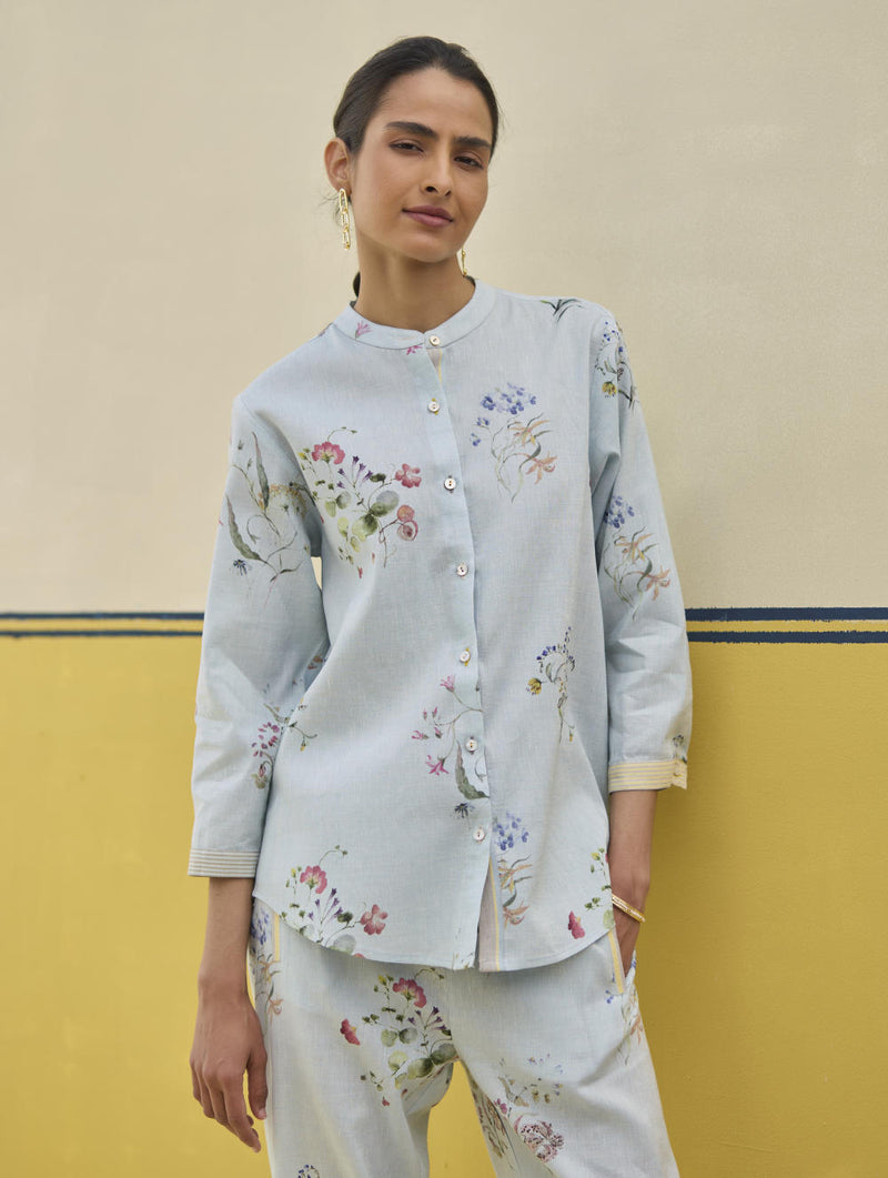 Vani Watercolour Floral Shirt - Sky linen by Manan in blue color for women in Singapore