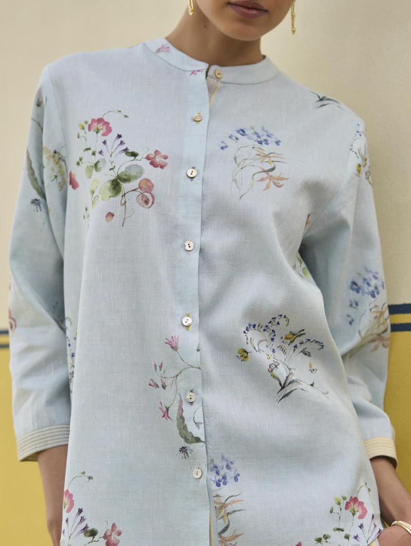Vani Watercolour Floral Shirt - Sky linen by Manan in blue color for women in Singapore