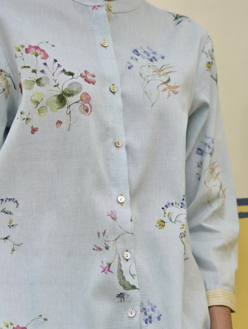 Vani Watercolour Floral Shirt - Sky linen by Manan in blue color for women in Singapore
