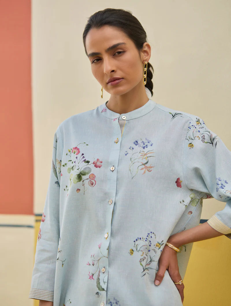 Vani Watercolour Floral Co-ord Set
-Sky linen by Manan in blue color for women in Singapore