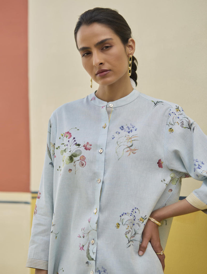 Vani Watercolour Floral Shirt - Sky linen by Manan in blue color for women in Singapore