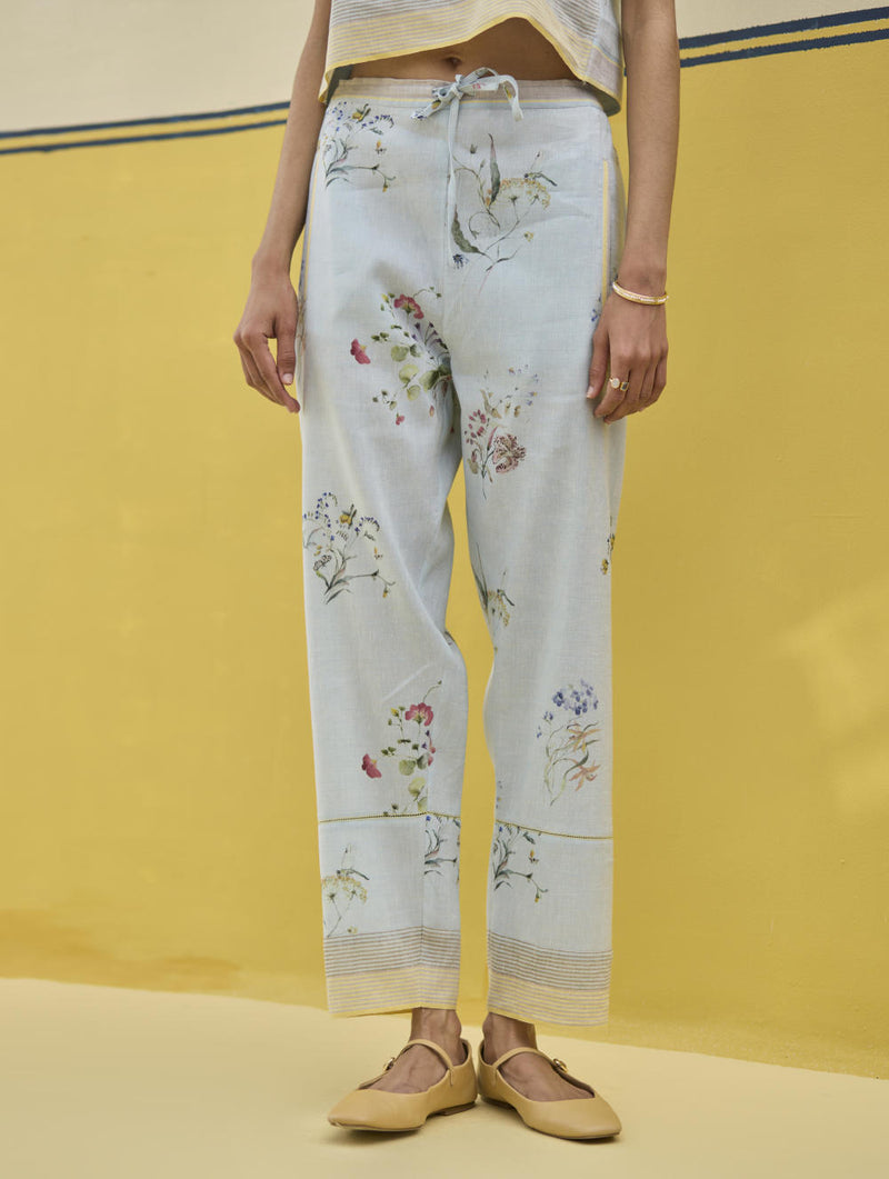 Ema Watercolour Floral Linen Pant - Sky linen by Manan in blue color for women in Singapore