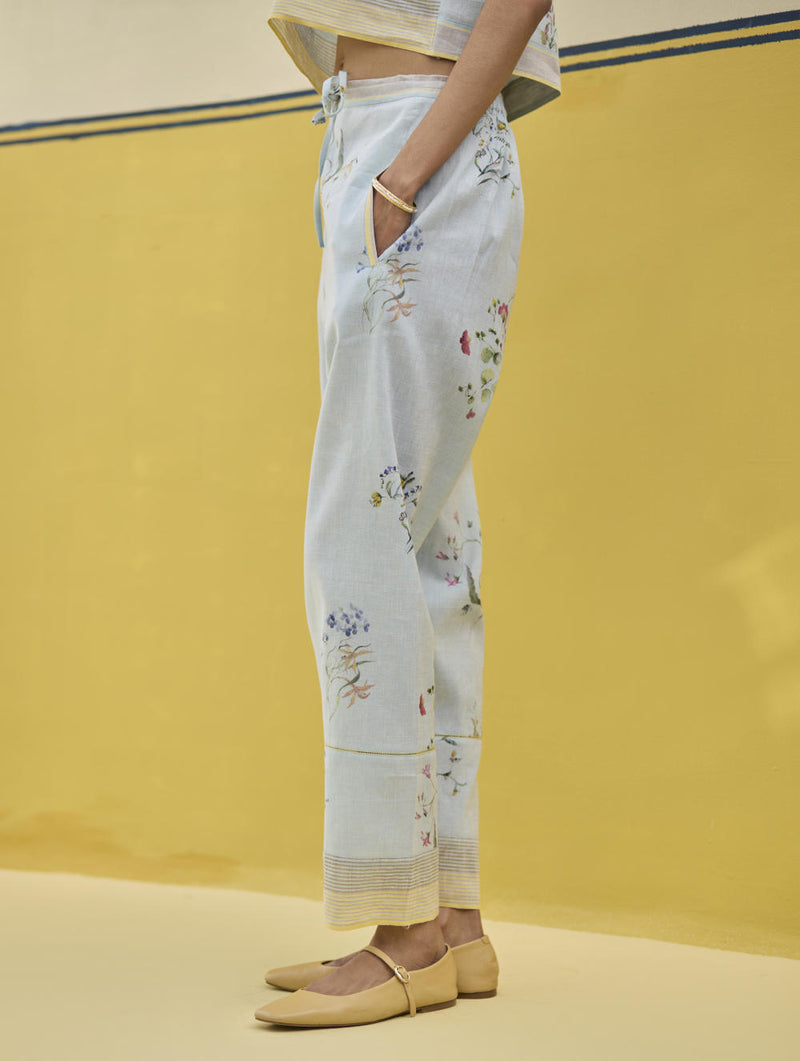 Ema Watercolour Floral Linen Pant - Sky linen by Manan in blue color for women in Singapore