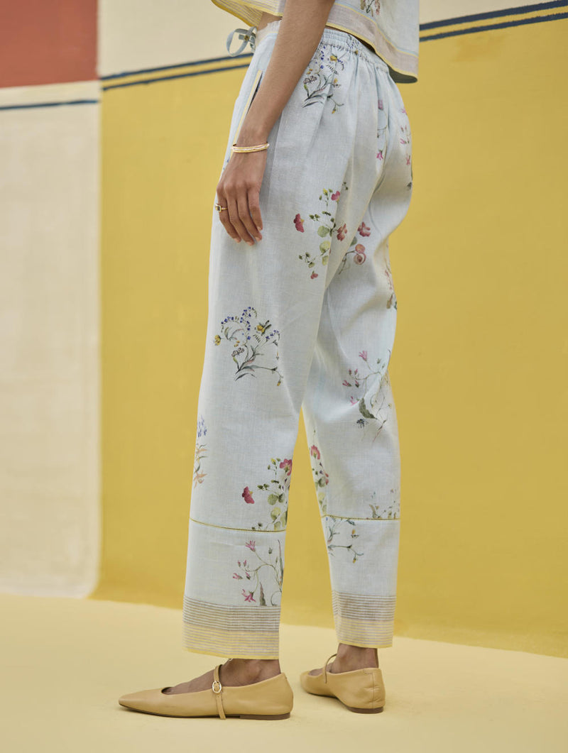 Ema Watercolour Floral Linen Pant - Sky linen by Manan in blue color for women in Singapore