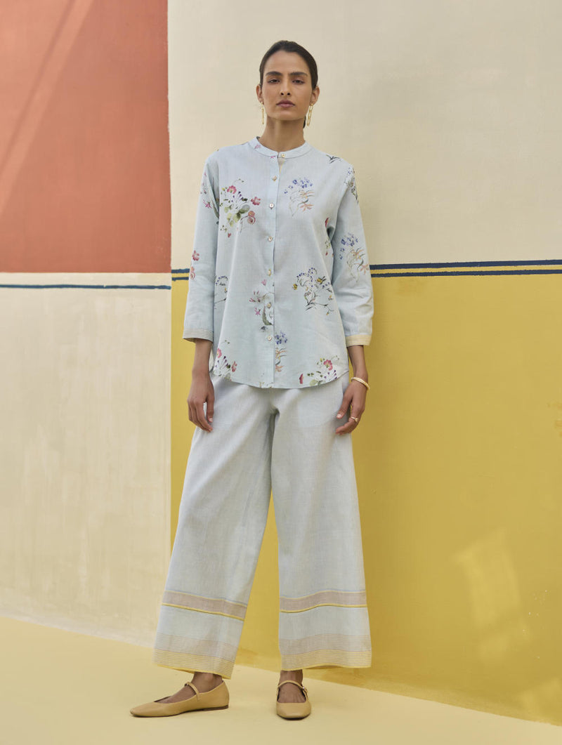 Vani Watercolour Floral Shirt - Sky linen by Manan in blue color for women in Singapore