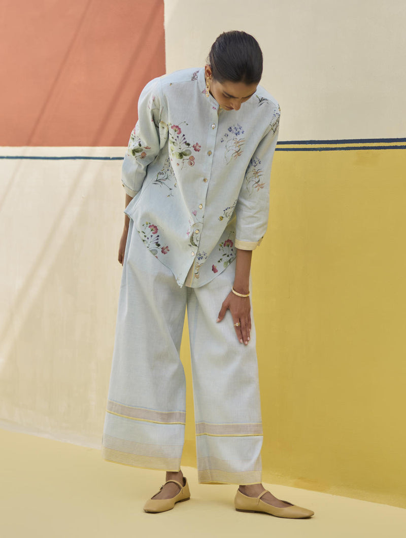 Vani Watercolour Floral Shirt - Sky linen by Manan in blue color for women in Singapore