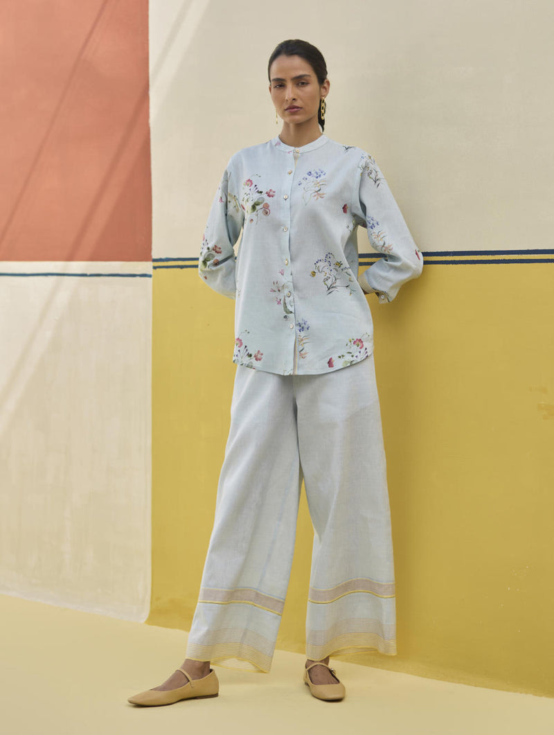 Vani Watercolour Floral Shirt - Sky linen by Manan in blue color for women in Singapore