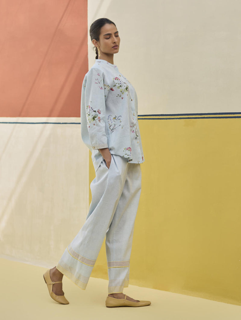 Vani Watercolour Floral Shirt - Sky linen by Manan in blue color for women in Singapore