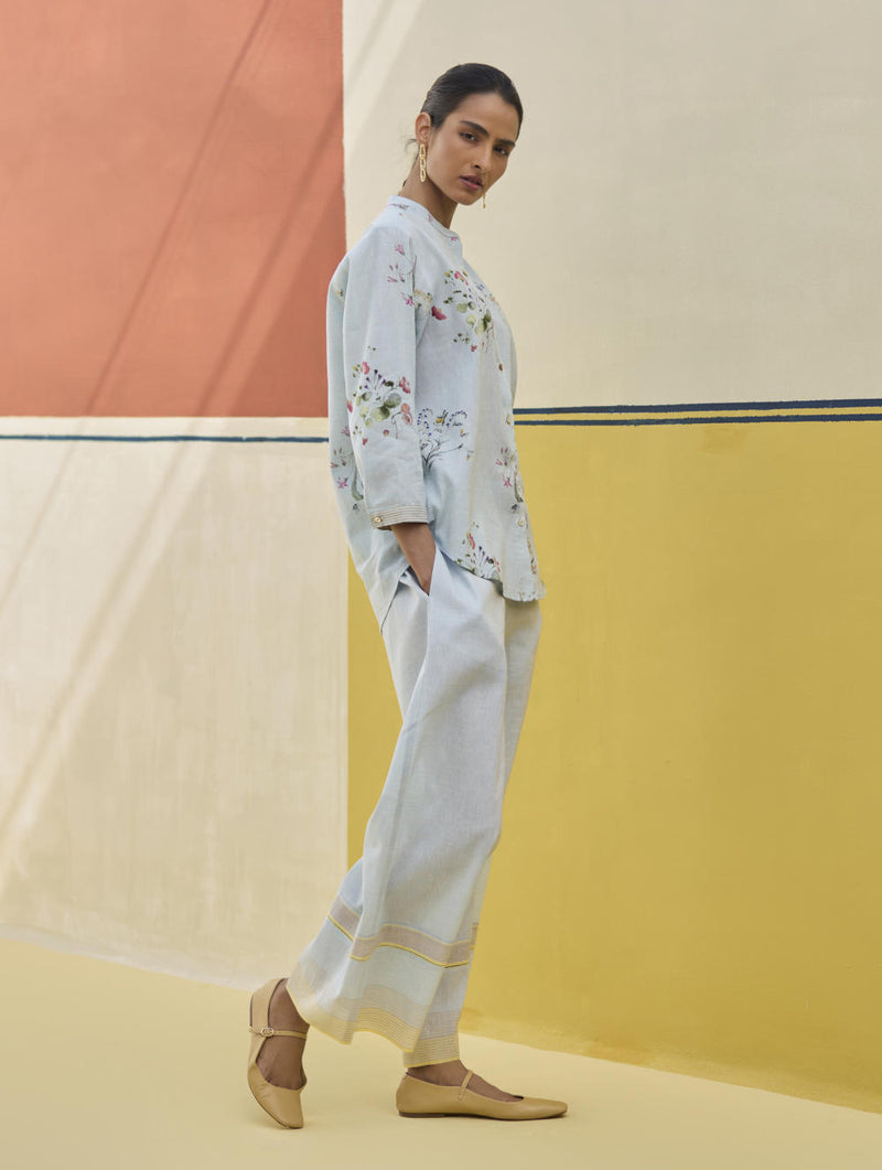 Vani Watercolour Floral Shirt - Sky linen by Manan in blue color for women in Singapore