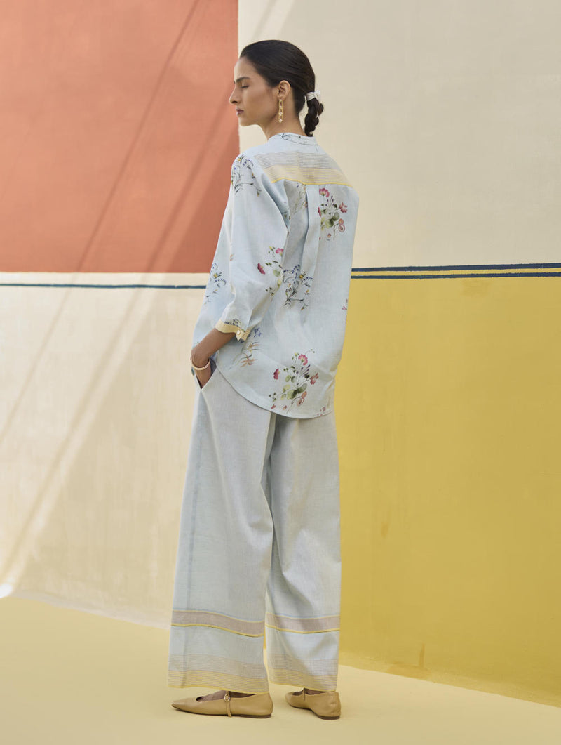 Vani Watercolour Floral Shirt - Sky linen by Manan in blue color for women in Singapore