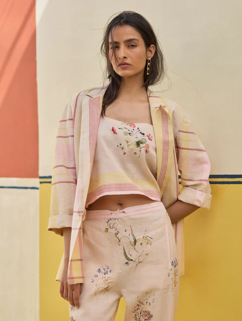 Talia Check Linen Co-ord Set
-Sand linen by Manan in natural color for women in Singapore