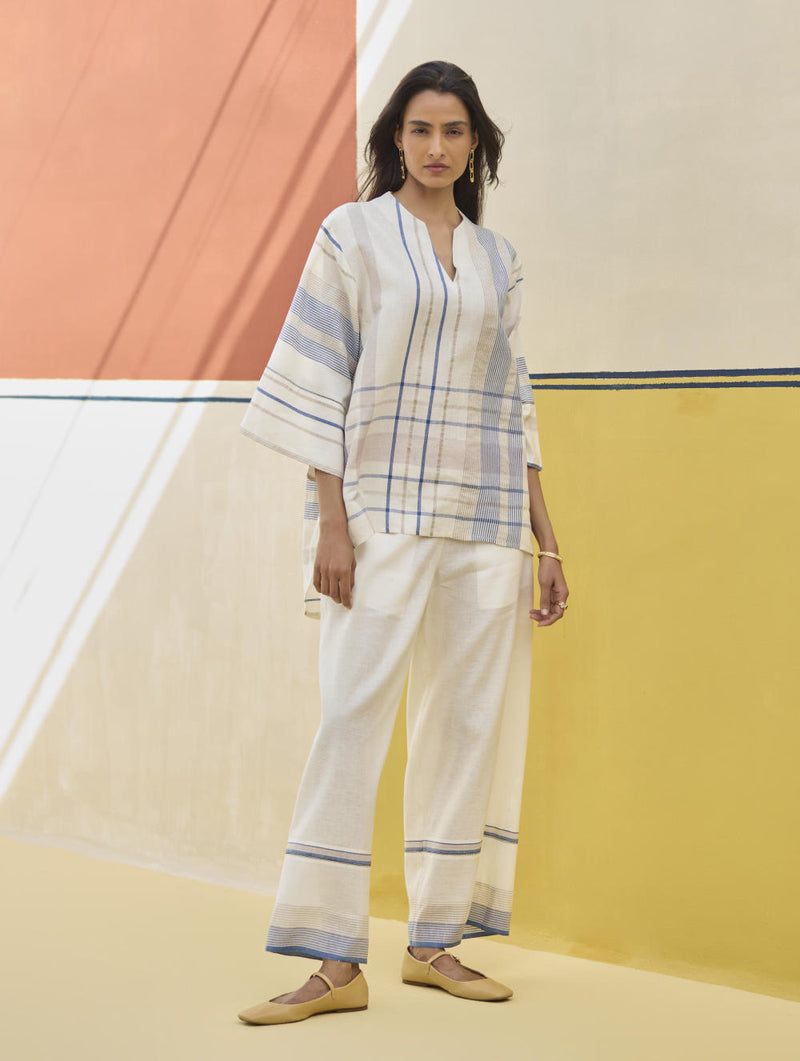 Lyla Stripe Border Pant - Ivory linen by Manan in ivory color for women in Singapore
