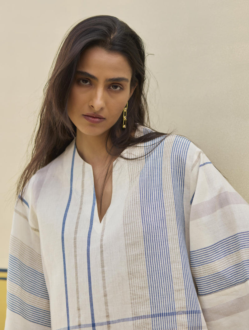 Kira Check Linen Top - Ivory linen by Manan in ivory color for women in Singapore