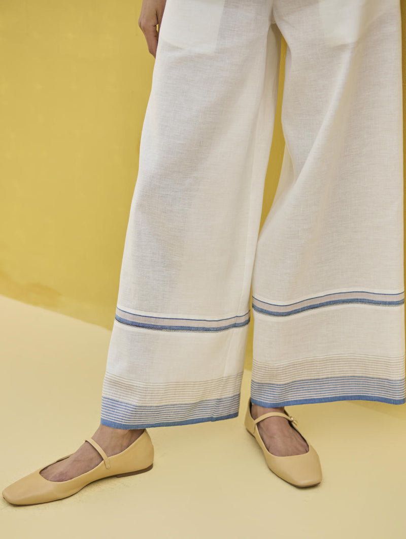 Lyla Stripe Border Pant - Sky linen by Manan in blue color for women in Singapore