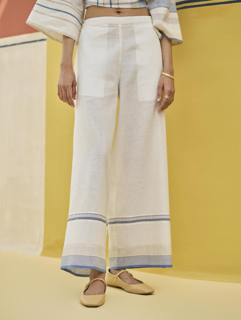 Lyla Stripe Border Pant - Ivory linen by Manan in ivory color for women in Singapore