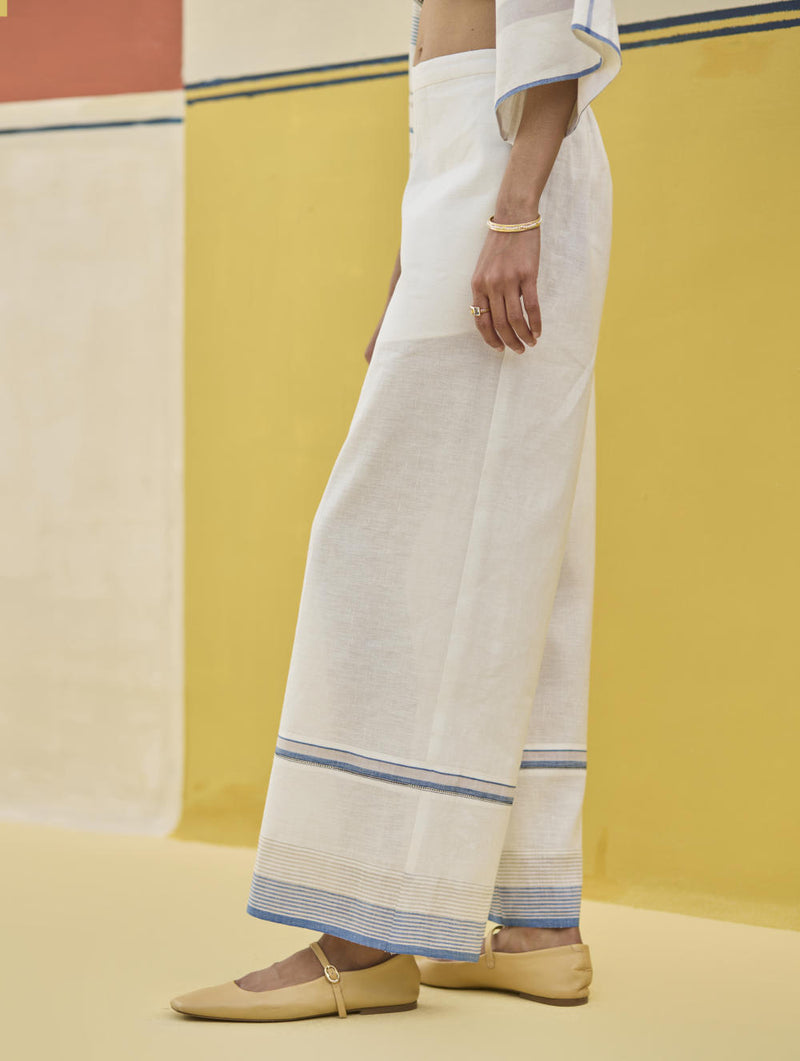 Lyla Stripe Border Pant - Sky linen by Manan in blue color for women in Singapore